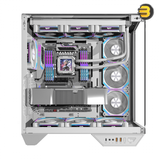 DarkFlash DY470 white ATX PC case with three transparent glass panels and included INF34 ARGB fans
