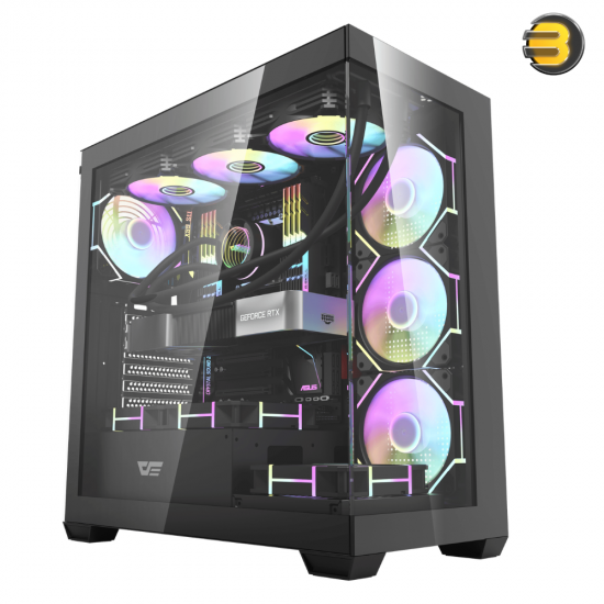 DarkFlash DS900 black ATX PC case with 270° panoramic glass, 4x DM20 ARGB fans and included 750W PSU