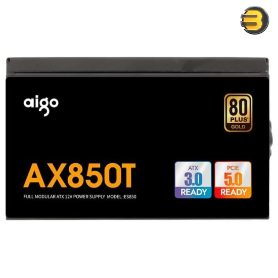 Aigo AX850T 850W 80 PLUS Gold Full Modular ATX 3.0 Power Supply – PCIe 5.0 Ready, DC-to-DC Design, 105°C Capacitors, Quiet HYB Fan