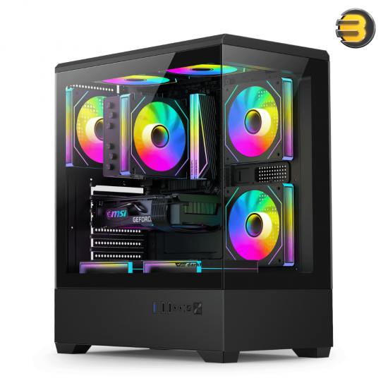 DarkFlash C365 black E-ATX PC case with pillar-less dual glass panels, 3x CL70 ARGB fans and 650W PSU included