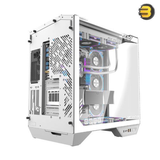 DarkFlash DY470 white ATX PC case with three transparent glass panels and included INF34 ARGB fans