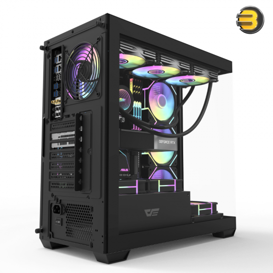 DarkFlash DS900 black ATX PC case with 270° panoramic glass, 4x DM20 ARGB fans and included 750W PSU