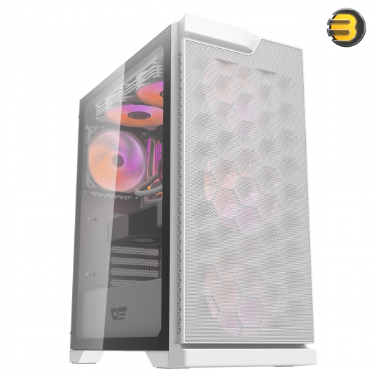 DarkFlash DK361 White ATX Mid-Tower PC Case – Hexagon Mesh Front, 4x Pre-installed RGB Fans, Tempered Glass, 360mm Radiator Support, USB 3.0