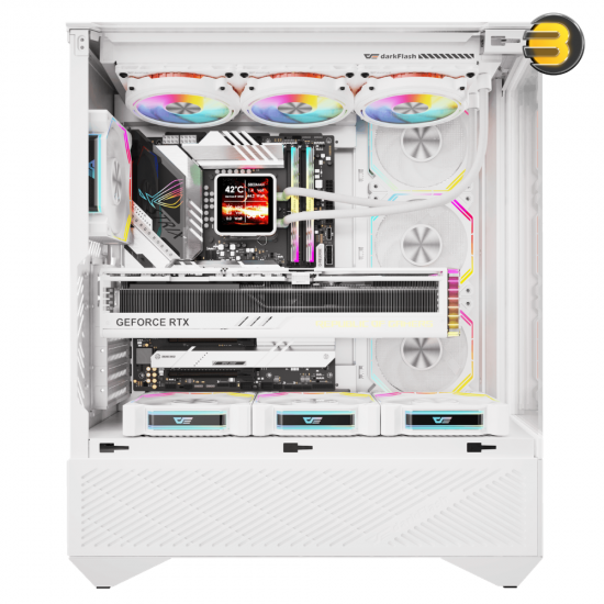 DarkFlash DY460 white ATX PC case with three glass panels and louvered side panel