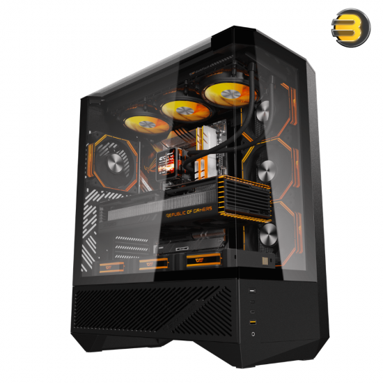 DarkFlash DY460 black ATX PC case with three glass panels and louvered side panel