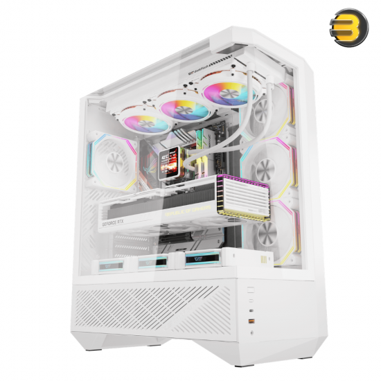 DarkFlash DY460 white ATX PC case with three glass panels and louvered side panel
