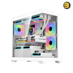 DarkFlash Aigo C218M White Mid-Tower PC Case + 650W PSU & 3x ARGB Fans – Panoramic Tempered Glass, A-Pillar Free, 5 GPU Slots, Supports 240mm CPU Cooler & 360mm Radiator