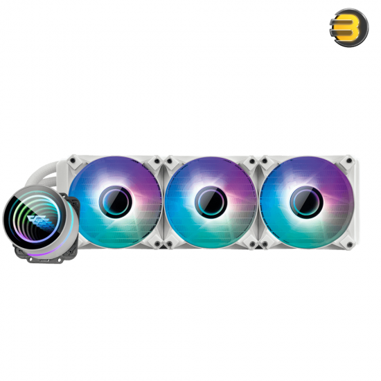 DarkFlash Twister DX V2.6 360mm AIO Liquid CPU Cooler – White, 285W TDP, 3x 120mm ARGB Fans, Infinity Mirror Pump, Compatible with Intel LGA 1700 & AMD AM5