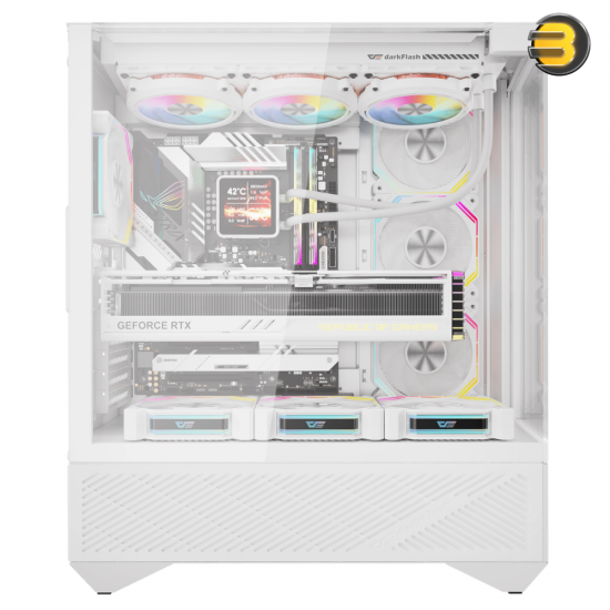 DarkFlash DY460 white ATX PC case with three glass panels and louvered side panel