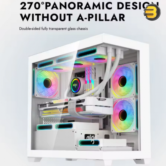 DarkFlash Aigo C218M White Mid-Tower PC Case + 650W PSU & 3x ARGB Fans – Panoramic Tempered Glass, A-Pillar Free, 5 GPU Slots, Supports 240mm CPU Cooler & 360mm Radiator