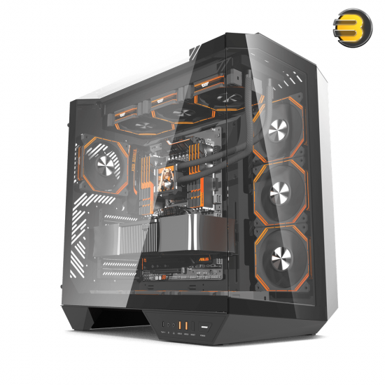 DarkFlash DY470 black ATX PC case with three transparent glass panels and included INF34 ARGB fans