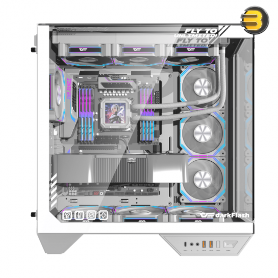 DarkFlash DY470 white ATX PC case with three transparent glass panels and included INF34 ARGB fans