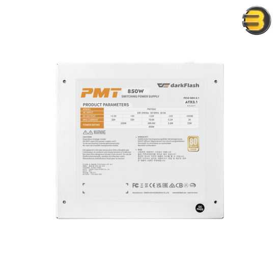DarkFlash PMT850W White 850W 80 PLUS Gold Full Modular ATX 3.0 Power Supply – Native PCIe 5.0 12VHPWR, Japanese Capacitors, 135mm FDB Fan