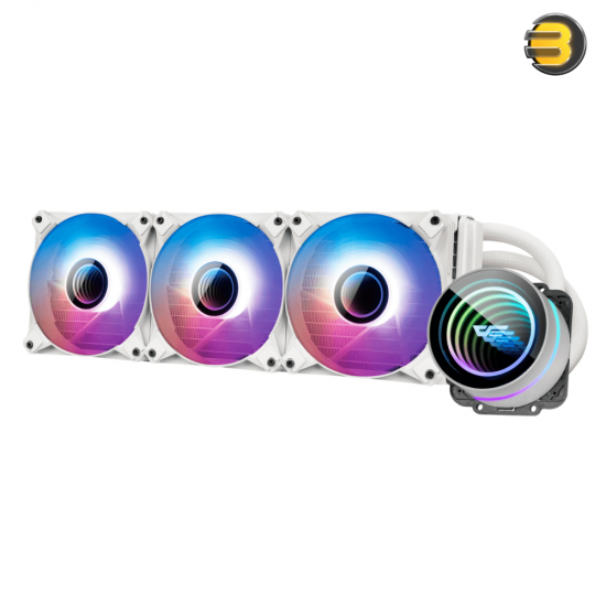 DarkFlash Twister DX V2.6 360mm AIO Liquid CPU Cooler – White, 285W TDP, 3x 120mm ARGB Fans, Infinity Mirror Pump, Compatible with Intel LGA 1700 & AMD AM5