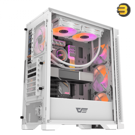 DarkFlash DK361 White ATX Mid-Tower PC Case – Hexagon Mesh Front, 4x Pre-installed RGB Fans, Tempered Glass, 360mm Radiator Support, USB 3.0
