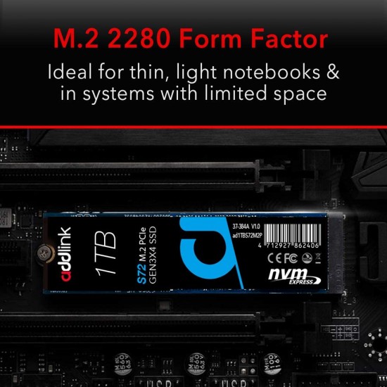 addlink S72 1TB SSD QLC NVMe PCIe 3x4 M.2 2280 Internal Solid State Drive Read 3,400MB/s/Write 2,000MB/s