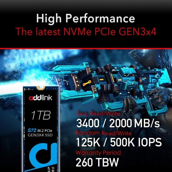 addlink S72 1TB SSD QLC NVMe PCIe 3x4 M.2 2280 Internal Solid State Drive Read 3,400MB/s/Write 2,000MB/s