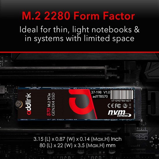 addlink 512GB SSD NVMe PCIe 3x4 M.2 2280 Internal Solid State Drive S70 Read 3,400MB/s/Write 2,000MB/s