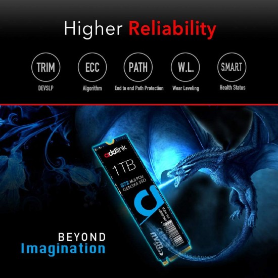 addlink S72 1TB SSD QLC NVMe PCIe 3x4 M.2 2280 Internal Solid State Drive Read 3,400MB/s/Write 2,000MB/s