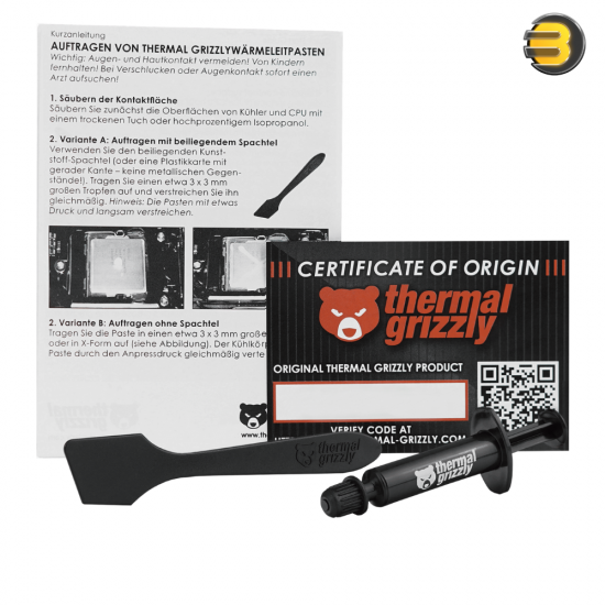Thermal Grizzly Kryonaut Thermal Paste, 1g syringe — non‑conductive (0 pS/m), density 3.7 g/cm³, viscosity 130–170 Pa·s, operating −250°C to +350°C, silver‑matt color; engineered for extreme overclocking with excellent thermal conductivity