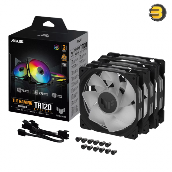 ASUS TUF Gaming TR120 ARGB Reverse Triple Pack — 28mm Extra-Thick Frame, 2.75mmH2O Static Pressure, 76.3 CFM Airflow, Ultra-Quiet 29 dB(A), Double-Layer Addressable RGB LEDs, Aura Sync Compatible