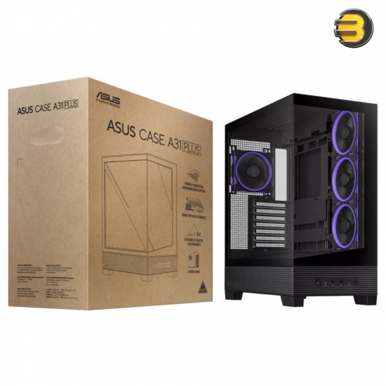 ASUS A31 PLUS Mid Tower ATX Case Black — Tempered Glass Front & Side Panels, 4x 120mm ARGB Fans Pre-installed, Support for Hidden-Connector Motherboards, Up to 360mm Radiator & 380mm GPU, USB 3.2 Gen2x2 Type-C ASUS A31 PLUS Mid Tower ATX Case Black — Tempered Glass Front & Side Panels, 4x 120mm ARGB Fans Pre-installed, Support for Hidden-Connector Motherboards, Up to 360mm Radiator & 380mm GPU, USB 3.2 Gen2x2 Type-C