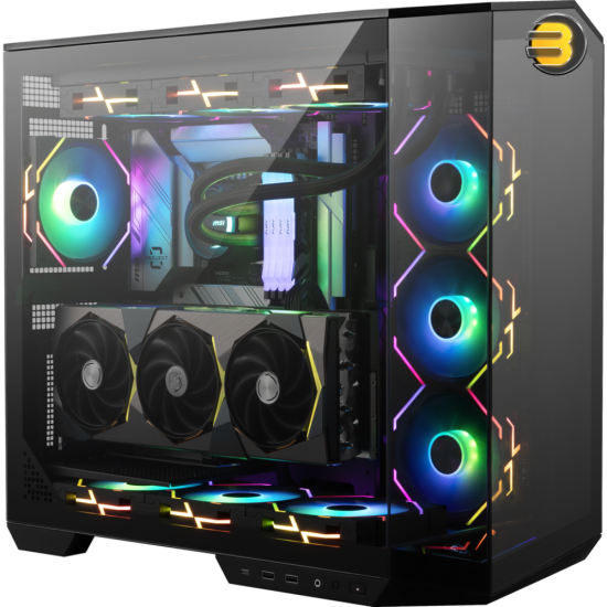 MSI MAG PANO 100L PZ Mid-Tower Case — ABS/SPCC, 270° Panoramic Glass, ATX/mATX/ITX Support (Regular & Back-Connect), GPU up to 380mm, CPU Cooler 166mm, USB 3.2 Gen2x2 Type-C, 8 Slots, 3x 120/140mm Top Fans, 2x 2.5"/3.5" Bays MSI MAG PANO 100L PZ Mid-Tower Case — ABS/SPCC, 270° Panoramic Glass, ATX/mATX/ITX Support (Regular & Back-Connect), GPU up to 380mm, CPU Cooler 166mm, USB 3.2 Gen2x2 Type-C, 8 Slots, 3x 120/140mm Top Fans, 2x 2.5"/3.5" Bays