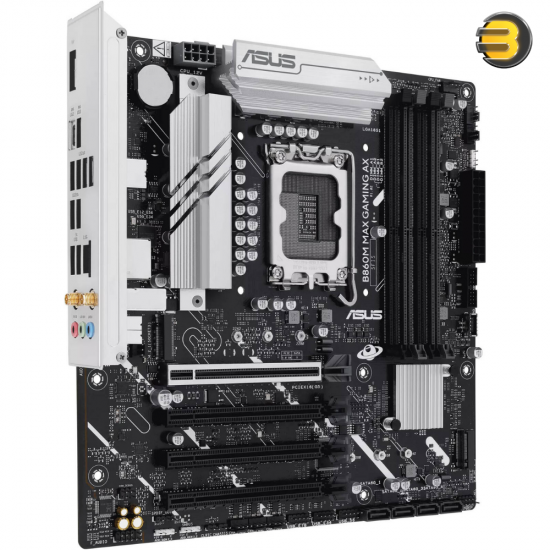 ASUS B860M MAX GAMING AX micro-ATX motherboard with LGA 1851 socket, PCIe 5.0 x16 SafeSlot, 3 M.2 slots, DDR5 8666+ support and Wi-Fi 6 connectivity
