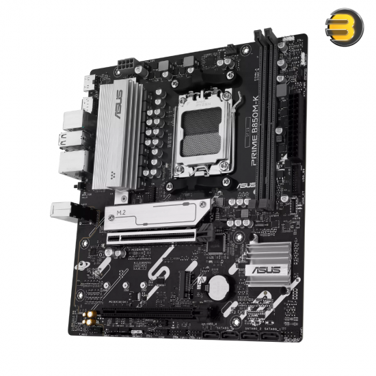 ASUS PRIME B850M-K micro-ATX AM5 motherboard with PCIe 5.0 x16 slot, DDR5-9600+ memory support, dual M.2 slots, 2.5Gb Ethernet and BIOS FlashBack button