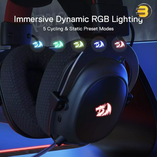 Redragon H510 PRO Zeus Pro triple-mode gaming headset in black with virtual 7.1 surround sound, 2.4GHz/Bluetooth/USB-C connectivity, detachable ANC boom mic and RGB earcup lighting
