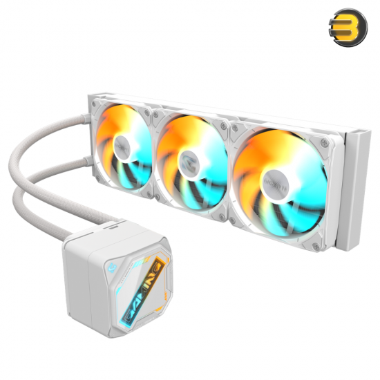 GIGABYTE GAMING 360 ICE AIO Liquid CPU Cooler White GIGABYTE GAMING 360 ICE All-In-One liquid CPU cooler with 3x 120mm ARGB fans, copper cold plate, aluminum radiator and pristine white ICE design