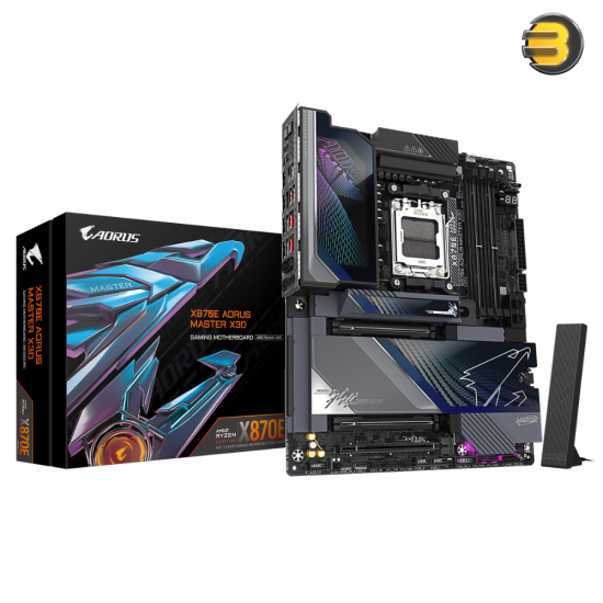 GIGABYTE X870E AORUS MASTER X3D ATX AM5 DDR5 Motherboard GIGABYTE X870E AORUS MASTER X3D ATX motherboard with AM5 socket, DDR5 slots, dual LAN, Wi-Fi 7 and USB4 ports
