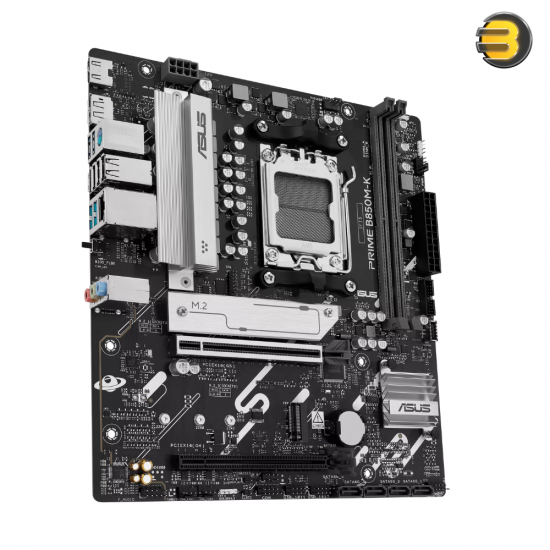 ASUS PRIME B850M-K micro-ATX AM5 motherboard with PCIe 5.0 x16 slot, DDR5-9600+ memory support, dual M.2 slots, 2.5Gb Ethernet and BIOS FlashBack button