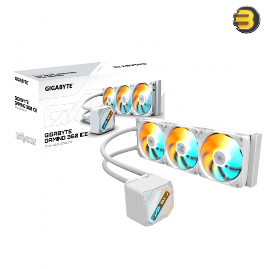 GIGABYTE GAMING 360 ICE AIO Liquid CPU Cooler White GIGABYTE GAMING 360 ICE All-In-One liquid CPU cooler with 3x 120mm ARGB fans, copper cold plate, aluminum radiator and pristine white ICE design