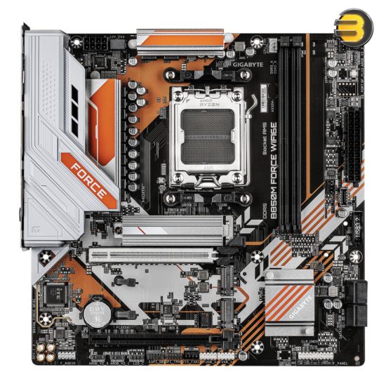 GIGABYTE B850M FORCE WIFI6E Micro ATX AM5 DDR5 Motherboard GIGABYTE B850M FORCE WIFI6E Micro ATX motherboard with AM5 socket, DDR5 slots, Wi-Fi 6E and rugged FORCE series design