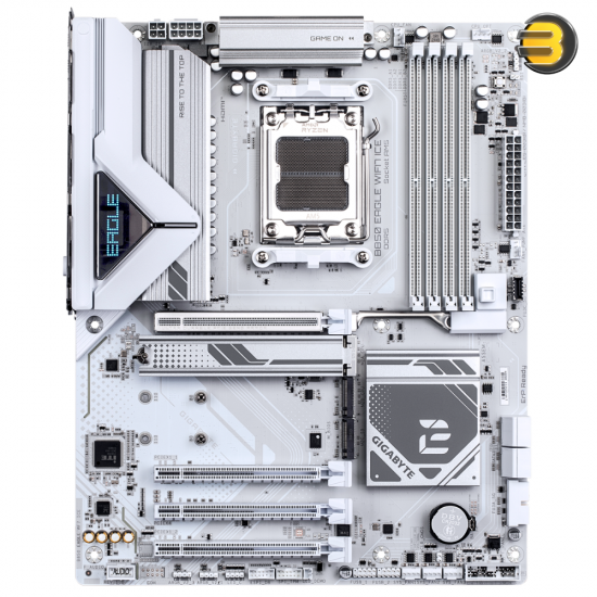 GIGABYTE B850 EAGLE WIFI7 ICE ATX motherboard with AM5 socket, DDR5 slots, Wi-Fi 7 and pristine white ICE design