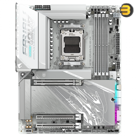 GIGABYTE X870E AORUS ELITE X3D-ICE ATX AM5 DDR5 Motherboard GIGABYTE X870E AORUS ELITE X3D-ICE ATX motherboard with AM5 socket, DDR5 slots, USB4 ports, Wi-Fi 7 and white ICE design
