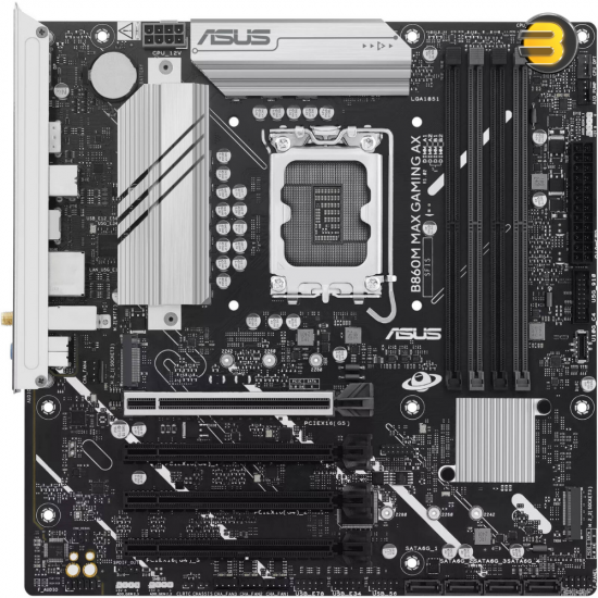 ASUS B860M MAX GAMING AX micro-ATX motherboard with LGA 1851 socket, PCIe 5.0 x16 SafeSlot, 3 M.2 slots, DDR5 8666+ support and Wi-Fi 6 connectivity