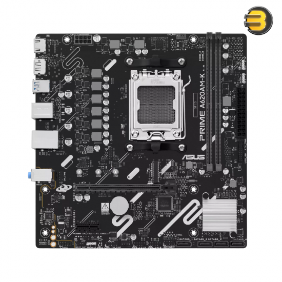 ASUS PRIME A620AM-K Micro ATX AM5 DDR5 Motherboard ASUS PRIME A620AM-K Micro ATX motherboard with AM5 socket, DDR5 slots, DisplayPort 1.4 and HDMI 2.1 outputs