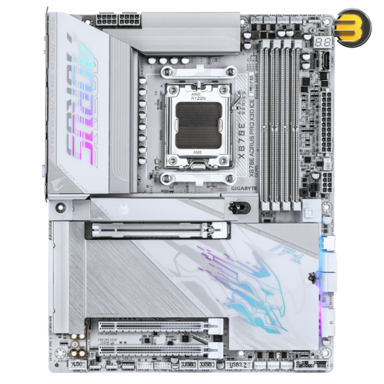 GIGABYTE X870E AORUS PRO X3D-ICE ATX AM5 DDR5 Motherboard GIGABYTE X870E AORUS PRO X3D-ICE ATX motherboard with AM5 socket, DDR5 slots, USB4 ports, Wi-Fi 7 and white ICE design