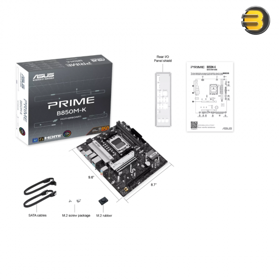 ASUS PRIME B850M-K micro-ATX AM5 motherboard with PCIe 5.0 x16 slot, DDR5-9600+ memory support, dual M.2 slots, 2.5Gb Ethernet and BIOS FlashBack button