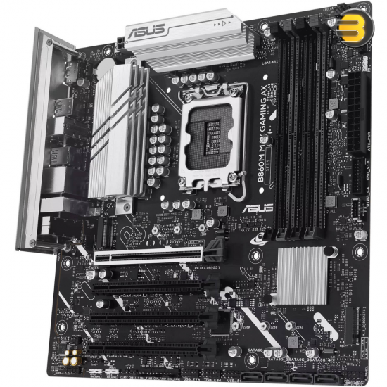 ASUS B860M MAX GAMING AX micro-ATX motherboard with LGA 1851 socket, PCIe 5.0 x16 SafeSlot, 3 M.2 slots, DDR5 8666+ support and Wi-Fi 6 connectivity