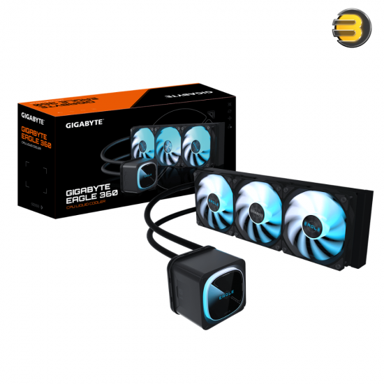 GIGABYTE EAGLE 360 AIO Liquid CPU Cooler Black GIGABYTE EAGLE 360 All-In-One liquid CPU cooler with 3x 120mm ARGB fans, copper cold plate, aluminum radiator and stealth black aesthetic design