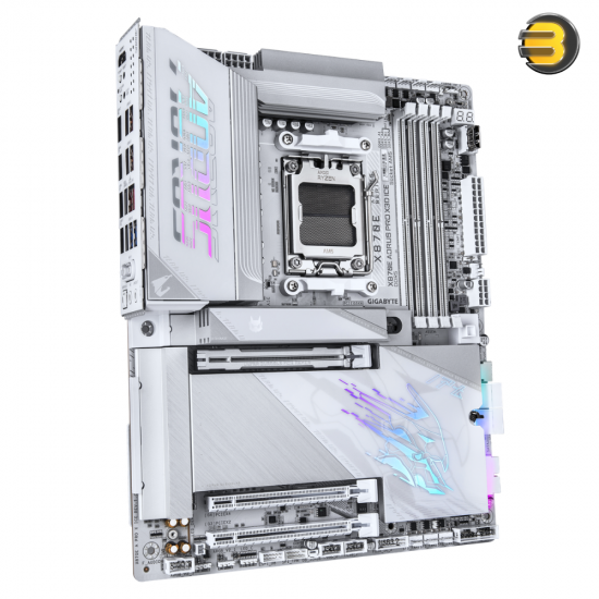 GIGABYTE X870E AORUS PRO X3D-ICE ATX AM5 DDR5 Motherboard GIGABYTE X870E AORUS PRO X3D-ICE ATX motherboard with AM5 socket, DDR5 slots, USB4 ports, Wi-Fi 7 and white ICE design