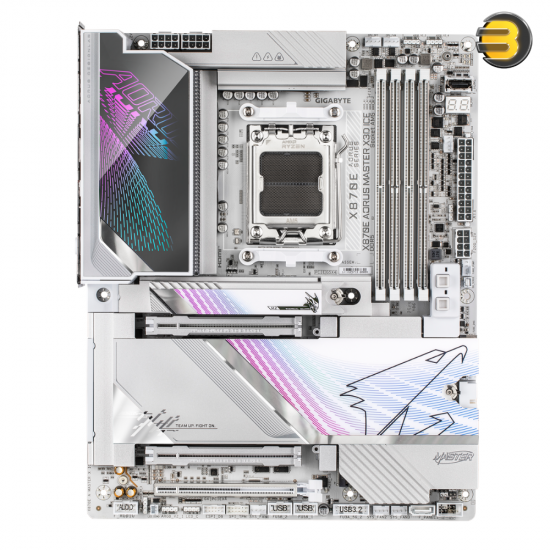 GIGABYTE X870E AORUS MASTER X3D-ICE ATX AM5 DDR5 Motherboard GIGABYTE X870E AORUS MASTER X3D-ICE ATX motherboard with AM5 socket, DDR5 slots, dual LAN, Wi-Fi 7 and white ICE aesthetic