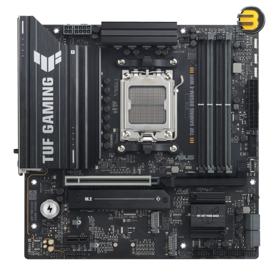 ASUS TUF GAMING B850M-E WIFI Micro ATX AM5 DDR5 Motherboard ASUS TUF GAMING B850M-E WIFI Micro ATX motherboard with AM5 socket, DDR5 slots, Wi-Fi 6E and PCIe 5.0 support