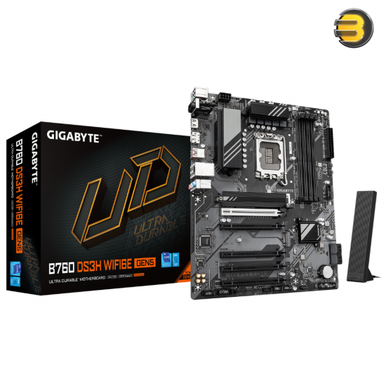 GIGABYTE B760 DS3H WIFI6E GEN5 ATX LGA1700 DDR5 Motherboard GIGABYTE B760 DS3H WIFI6E GEN5 ATX motherboard with LGA1700 socket, DDR5 slots, Wi-Fi 6E and PCIe 5.0 support