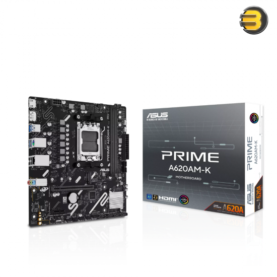 ASUS PRIME A620AM-K Micro ATX AM5 DDR5 Motherboard ASUS PRIME A620AM-K Micro ATX motherboard with AM5 socket, DDR5 slots, DisplayPort 1.4 and HDMI 2.1 outputs
