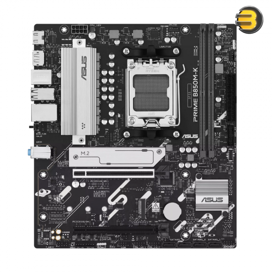 ASUS PRIME B850M-K micro-ATX AM5 motherboard with PCIe 5.0 x16 slot, DDR5-9600+ memory support, dual M.2 slots, 2.5Gb Ethernet and BIOS FlashBack button