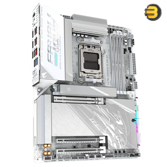 GIGABYTE X870E AORUS ELITE X3D-ICE ATX AM5 DDR5 Motherboard GIGABYTE X870E AORUS ELITE X3D-ICE ATX motherboard with AM5 socket, DDR5 slots, USB4 ports, Wi-Fi 7 and white ICE design